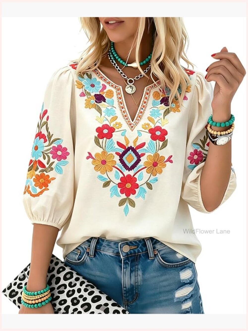 Embroidered Peasant Top with Detachable Belt Boho Tunic Blouse